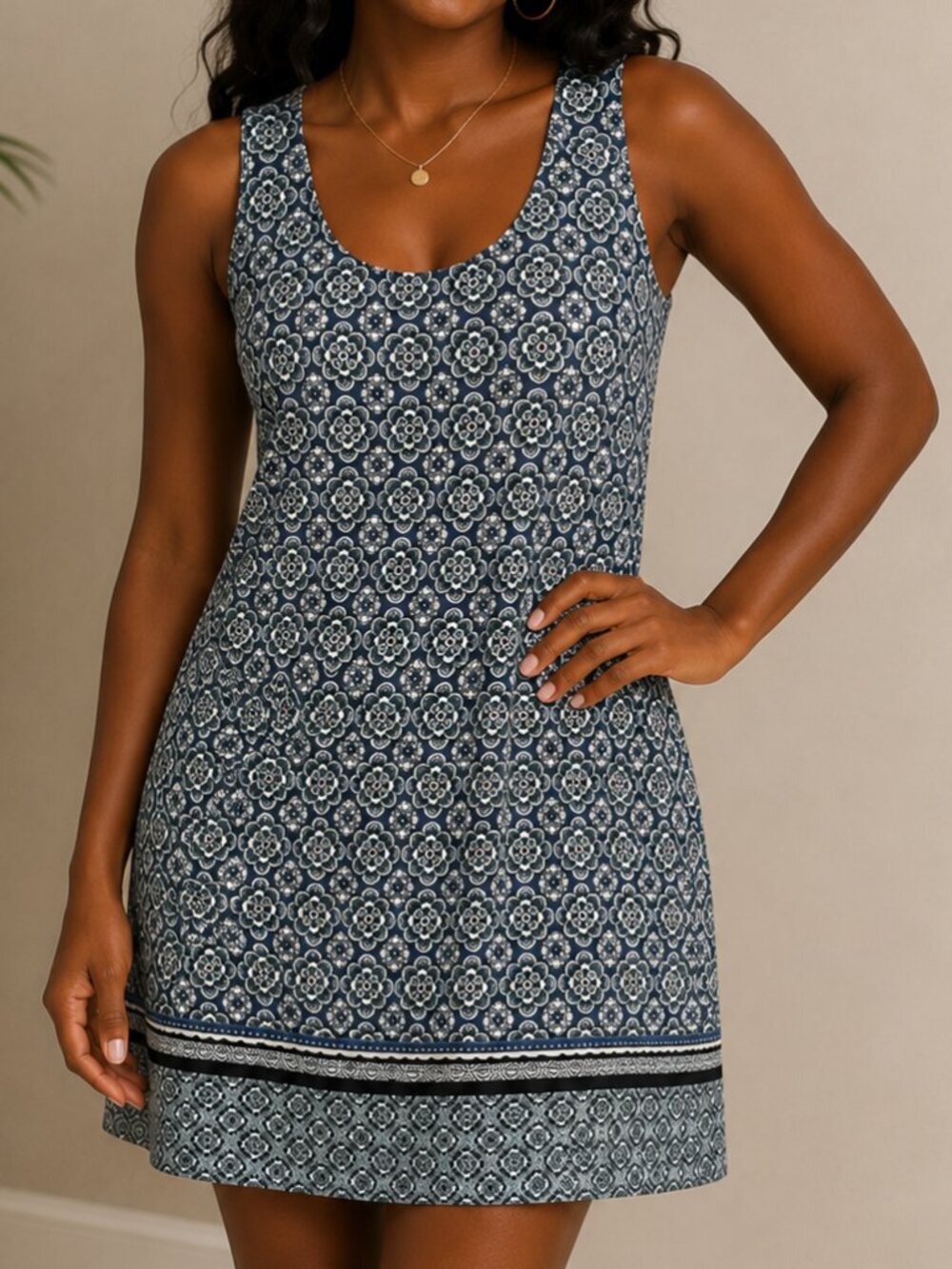 J. Jill Navy White Medallion Sleeveless Jersey ShiftTank Dress w/ Pockets